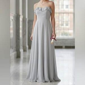BHLDN Macau Fog Strapless Chiffon Ruffle Gown Sz 2 Lace Up Back Prom Formal